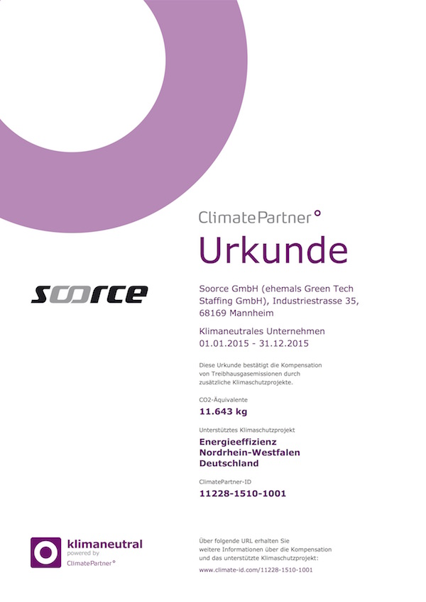 Soorce klimaneutral Urkunde 2015